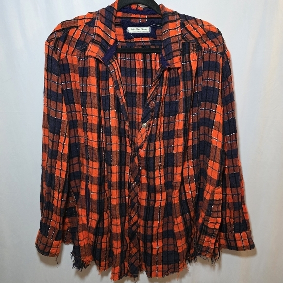 We The Free Orange Blue Plaid Button Snap Raw Hem Long Sleeve Oversized Top, XS - Picture 1 of 9